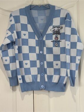Sanrio Cinnamoroll Blue and White Checkered Cardigan Sweater with Heart Pattern